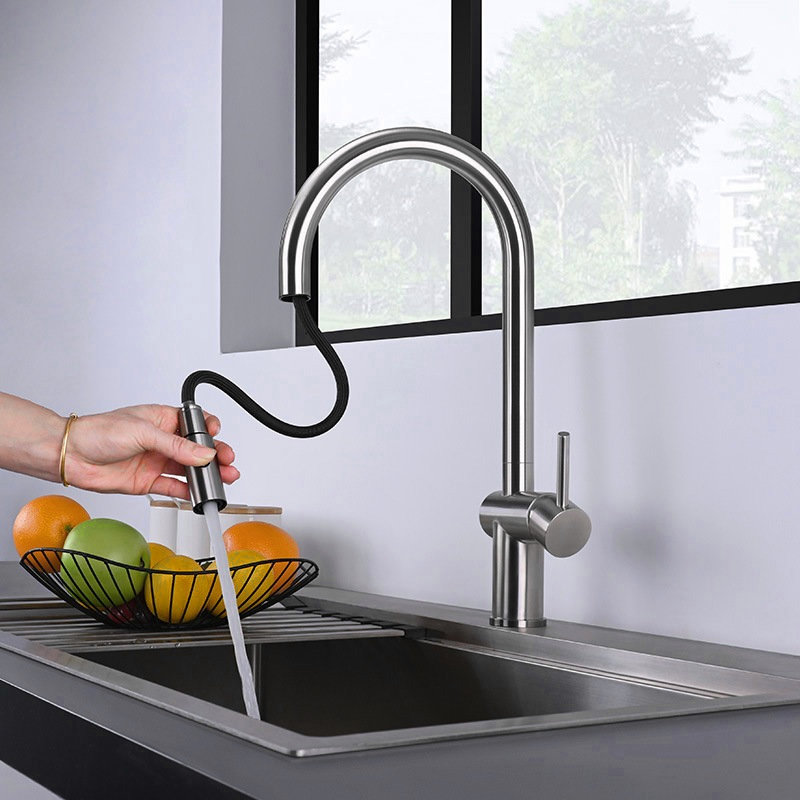 Brushed Stainless Steel Pull-Down Kitchen Faucet with Single Handle - Image 2