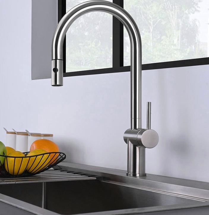 Brushed Stainless Steel Pull-Down Kitchen Faucet with Single Handle - Image 3