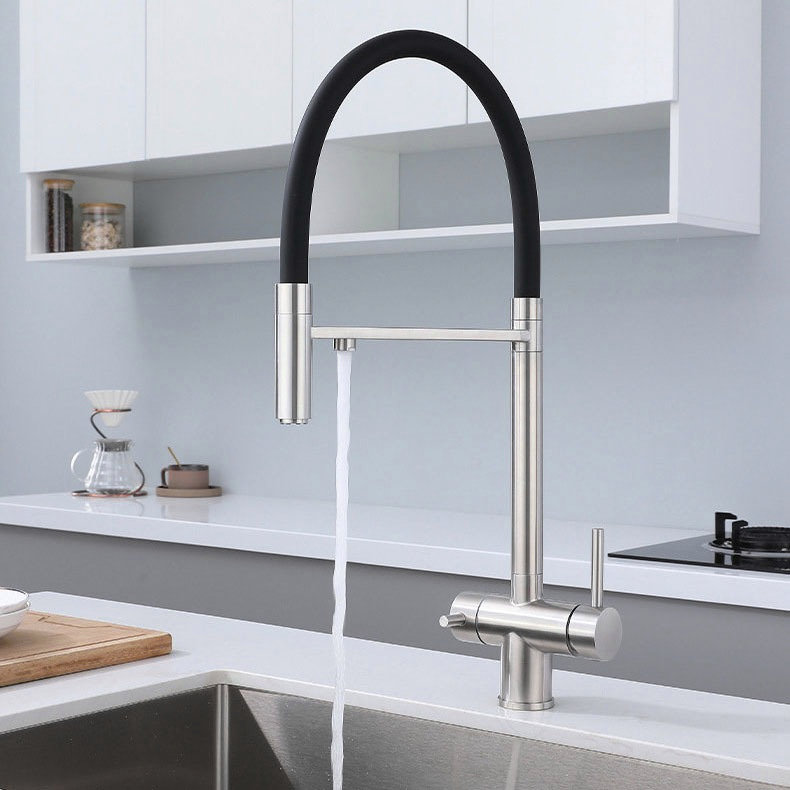 Brushed Stainless Steel Kitchen Faucet with Black Pull-Down Hose and Auxiliary Outlet - Image 2
