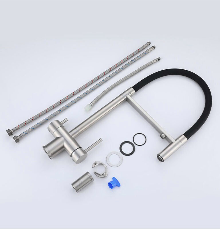 Brushed Stainless Steel Kitchen Faucet with Black Pull-Down Hose and Auxiliary Outlet - Image 3