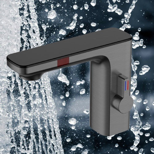 Dark Gunmetal Gray Touchless Sensor Bathroom Faucet with Manual Temperature Control - Image 2
