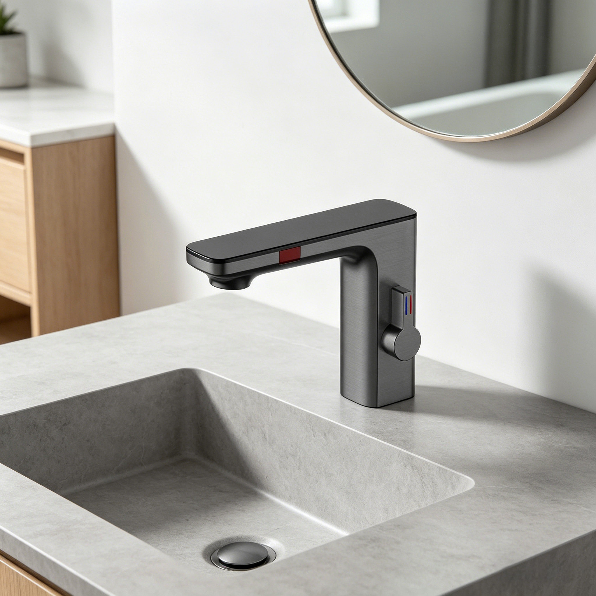 Dark Gunmetal Gray Touchless Sensor Bathroom Faucet with Manual Temperature Control - Image 3