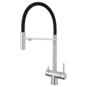 Brushed Stainless Steel Kitchen Faucet with Black Pull-Down Hose and Auxiliary Outlet