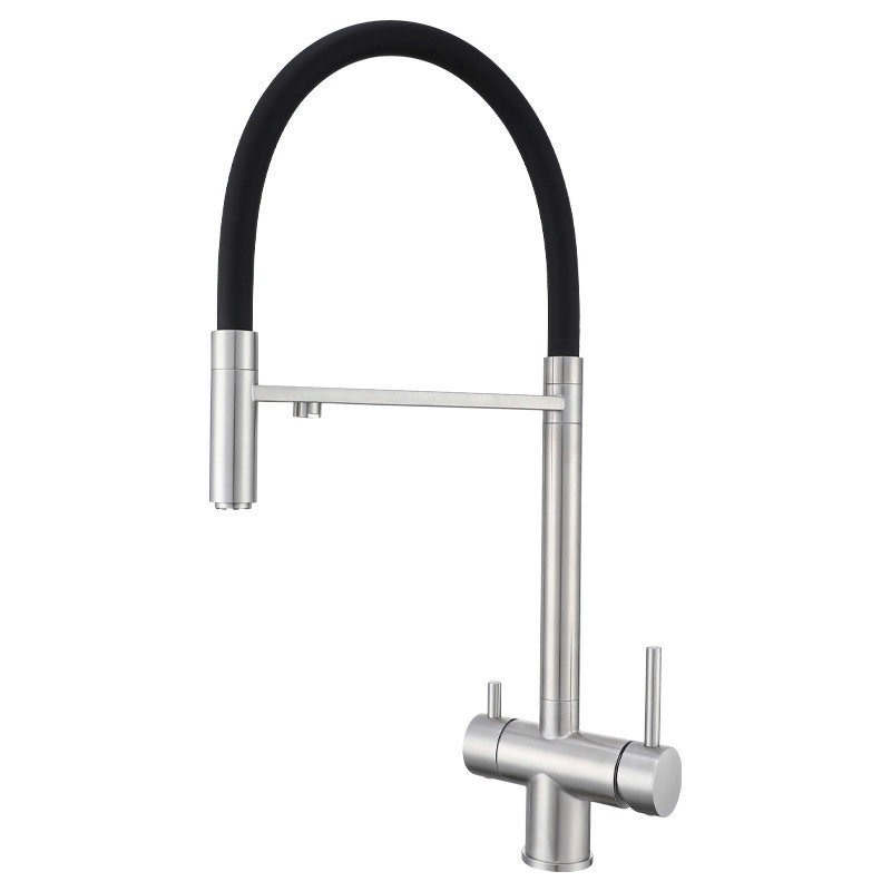 Brushed Stainless Steel Kitchen Faucet with Black Pull-Down Hose and Auxiliary Outlet