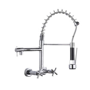 Wall-Mounted Kitchen Faucet with Pull-Down Sprayer and Dual Handles