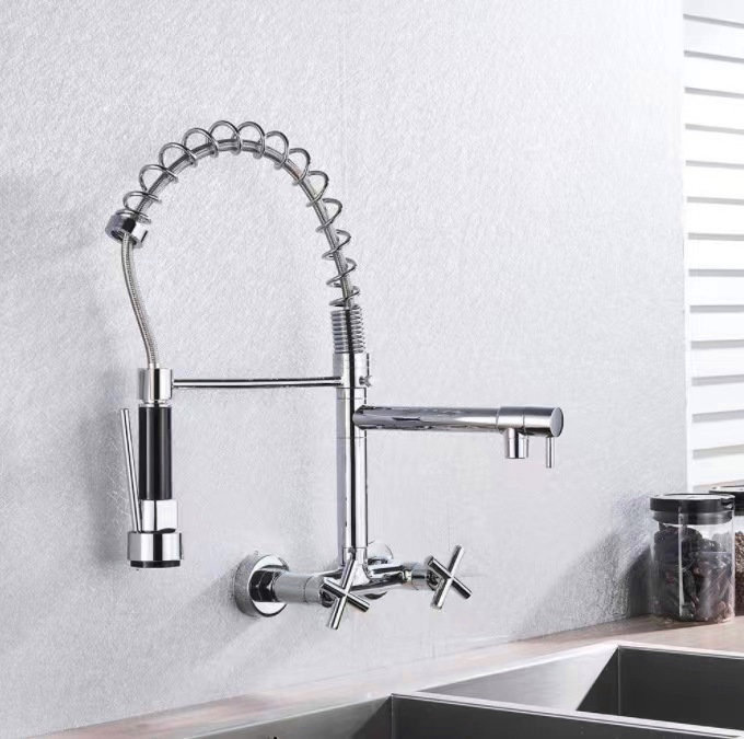 Wall-Mounted Kitchen Faucet with Pull-Down Sprayer and Dual Handles - Image 2