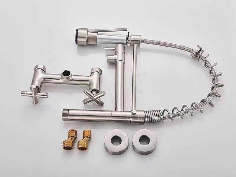 Wall-Mounted Kitchen Faucet with Pull-Down Sprayer and Dual Handles - Image 3