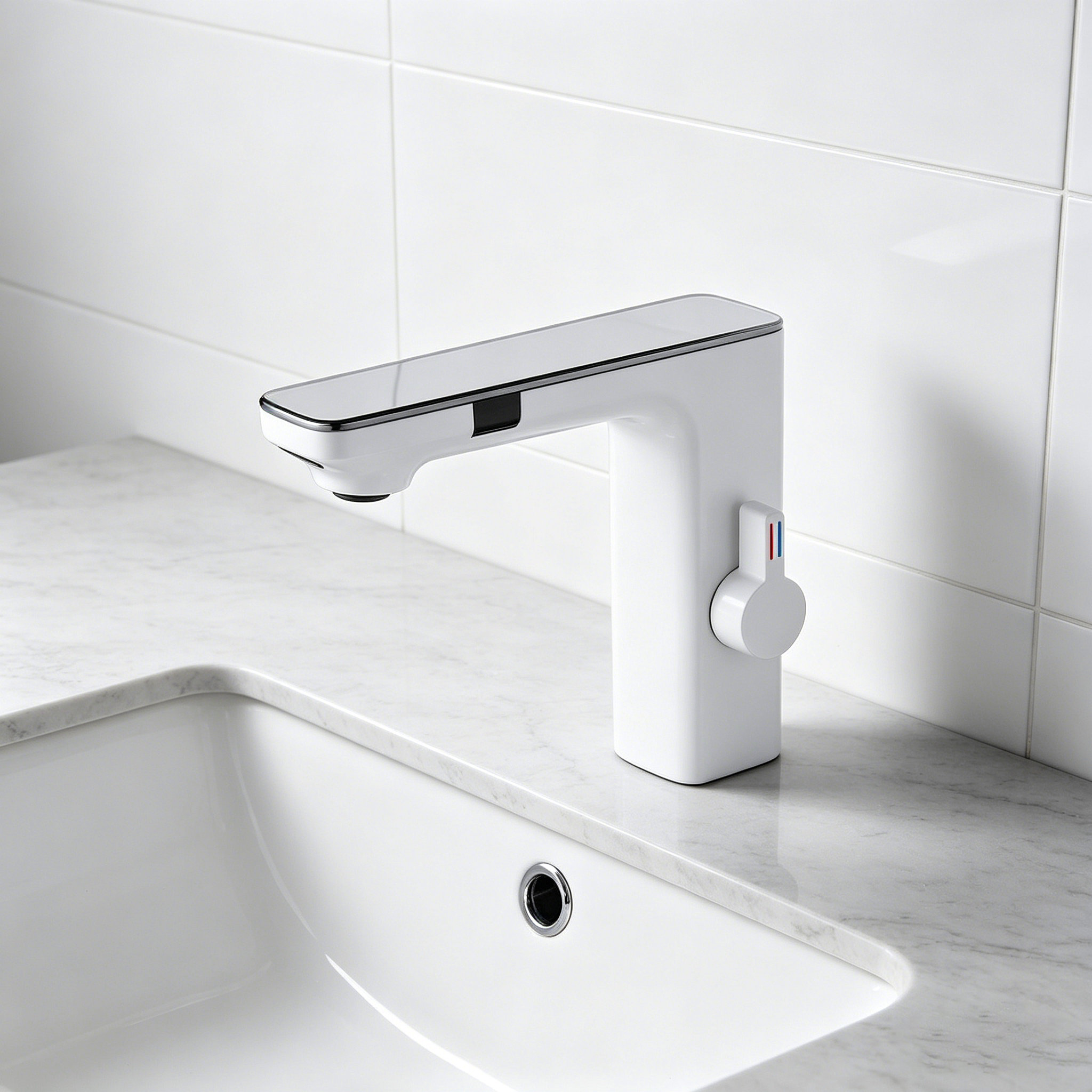 White Touchless Sensor Bathroom Faucet with Manual Temperature Control - Image 2